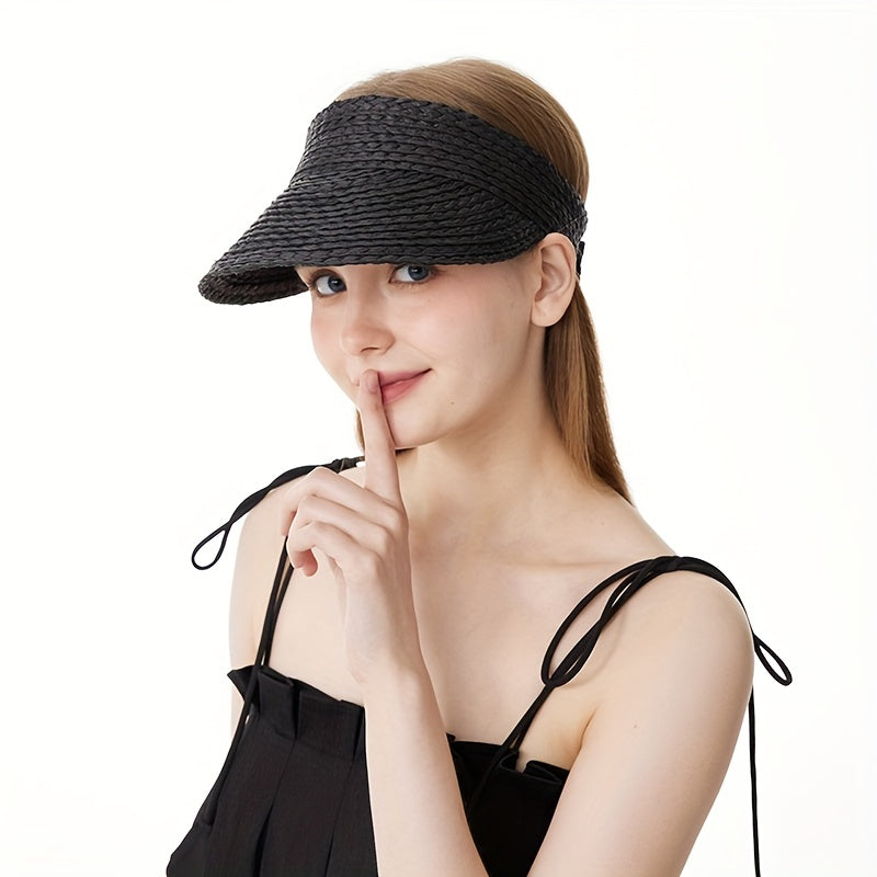 Solid Straw Visor Lightweight Sun Hat Women UV Protection Foldable Beach Hat