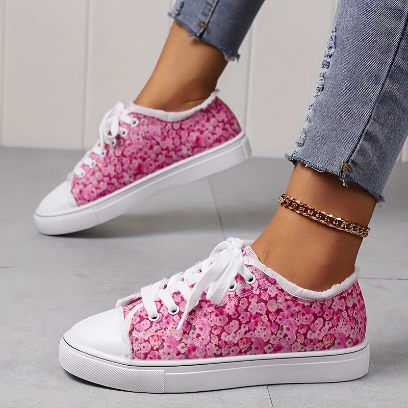 Floral Print Canvas Shoes Lace Up Sneakers Comfortable Low Top