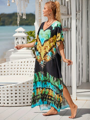 Tie Dye Cover Up Dress Women's V Neck Bat Sleeve Beach Casual