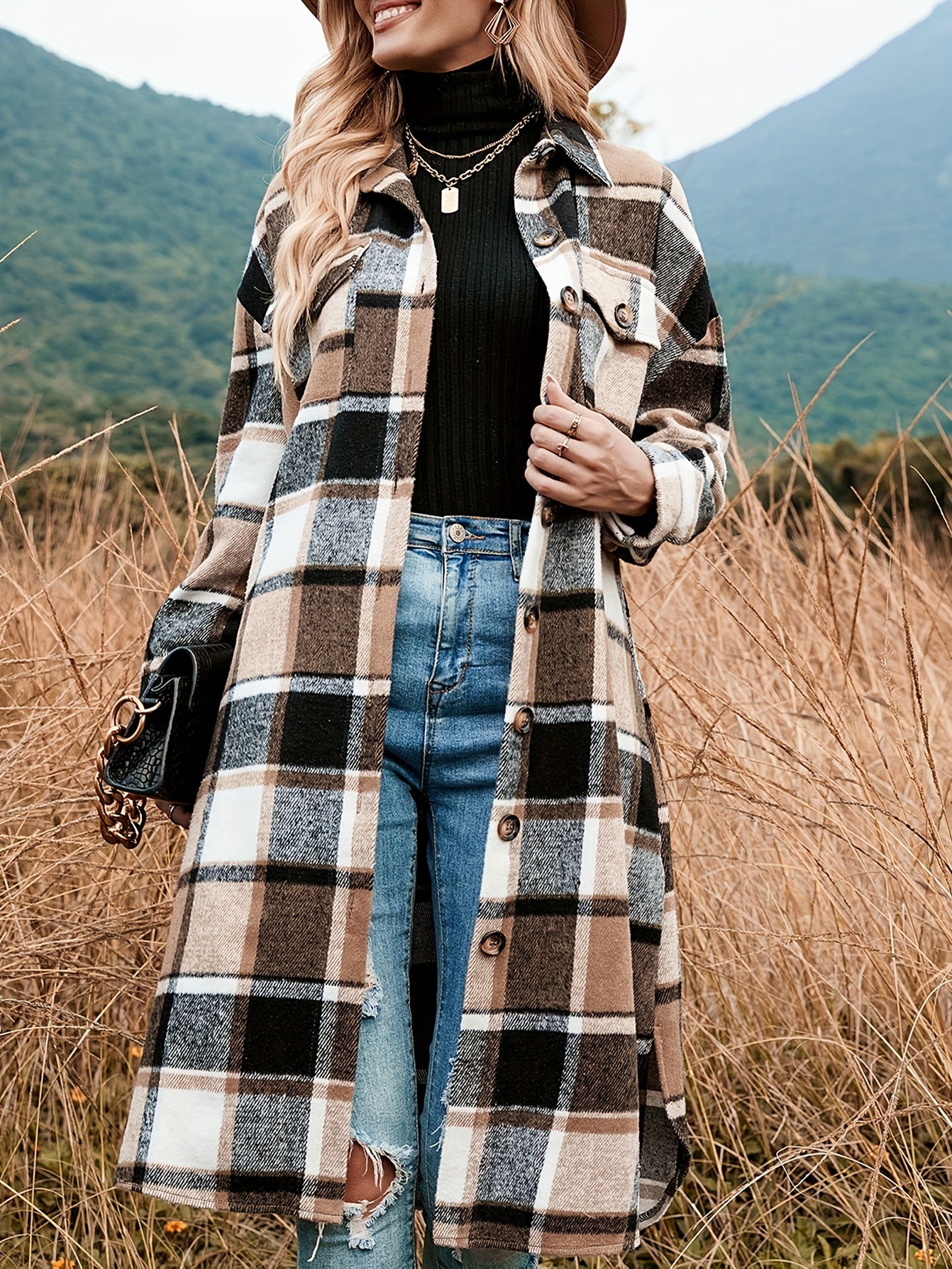 Plaid Shacket Split Lapel Jacket Button Down With Pockets Outerwear