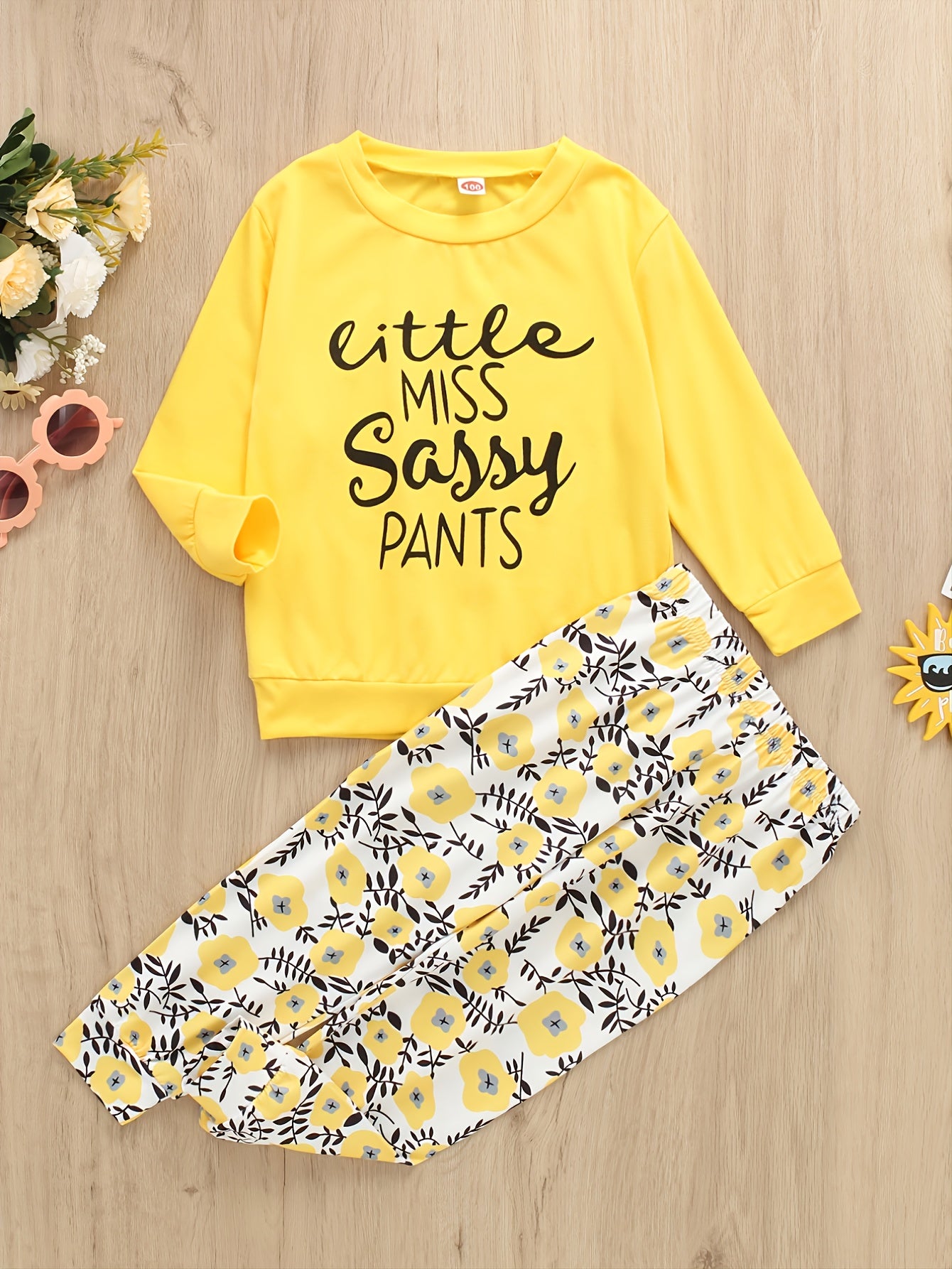 Baby Girls Letter Long Sleeve Top & Flower Print Pants