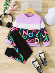 Girls Contrast Long Sleeve Sweatshirt & Sweatpants Set Winter Clothes