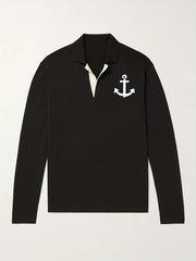 Anchor Pattern Knit Polo Shirt Men's Casual Lapel V Neck Pullover