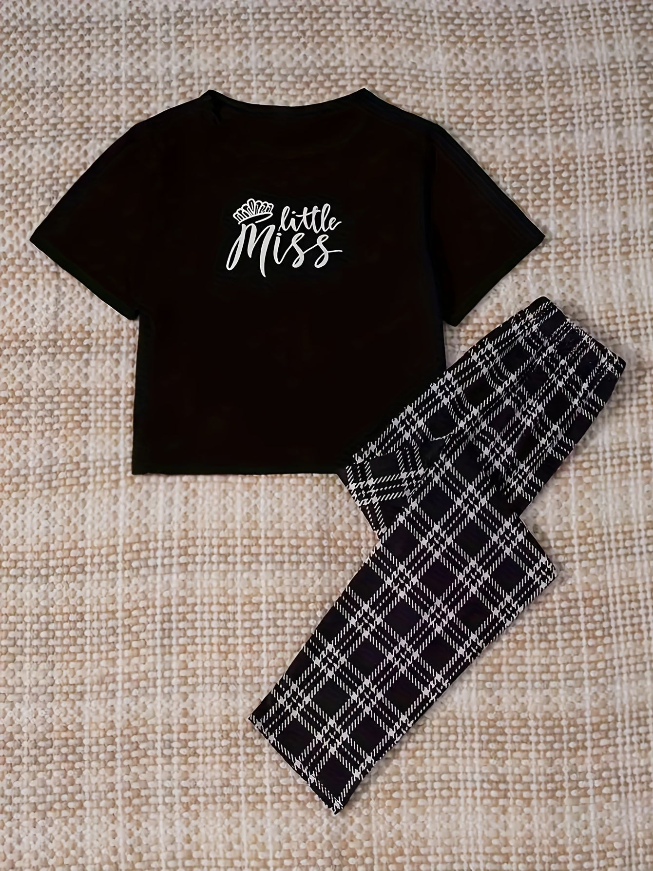 Letter Print Pajama Set Short Sleeve Crew Neck Top Plaid Pants