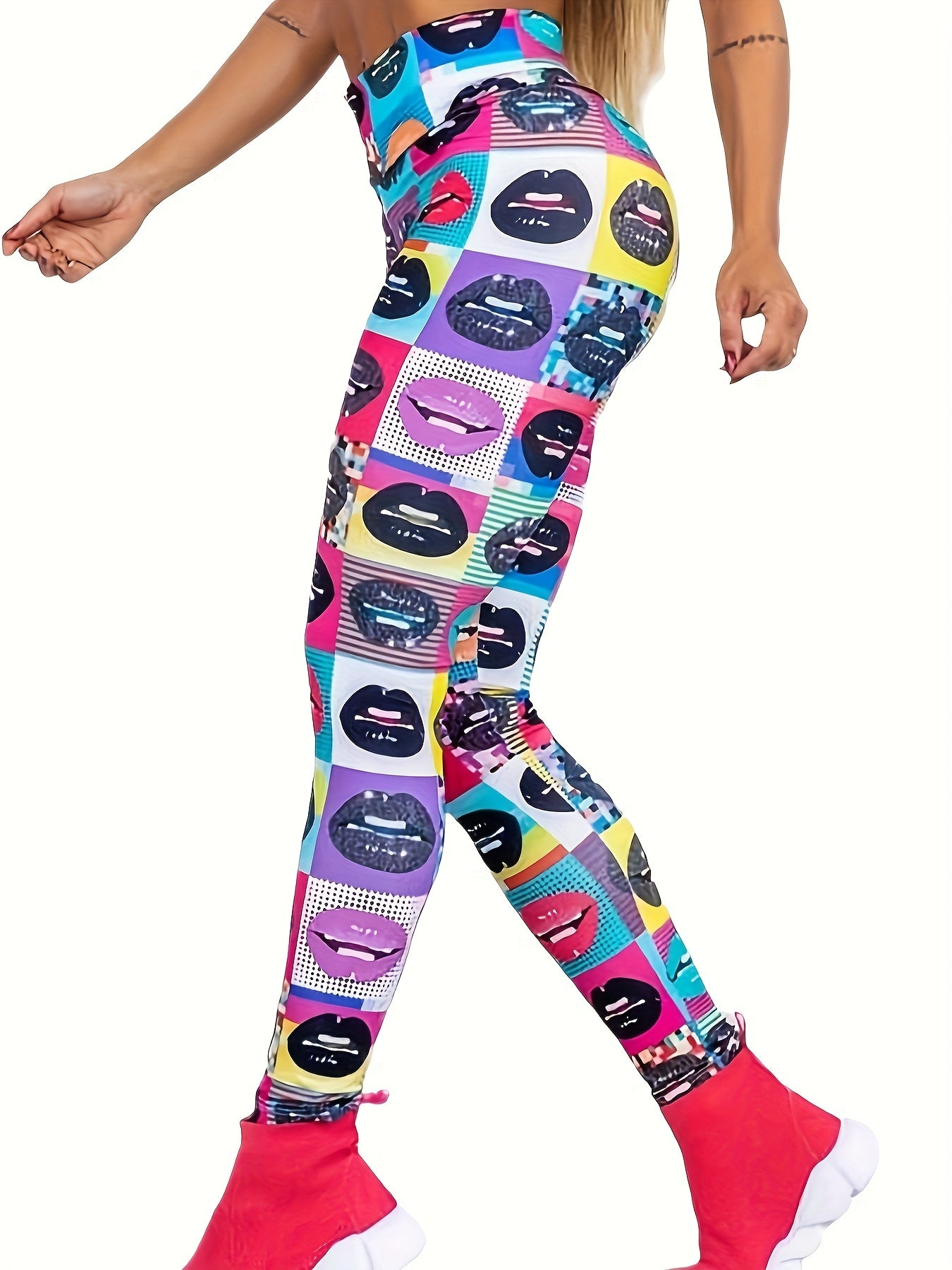 High Waist Lip Print Yoga Pant Slim Fit Legging