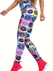 High Waist Lip Print Yoga Pant Slim Fit Legging