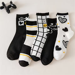 5 Pairs Heart Print Socks Women's Mid Tube Stockings
