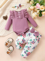 Baby 3pcs Outfits Floral leopard Pants & Ruffle Romper Set