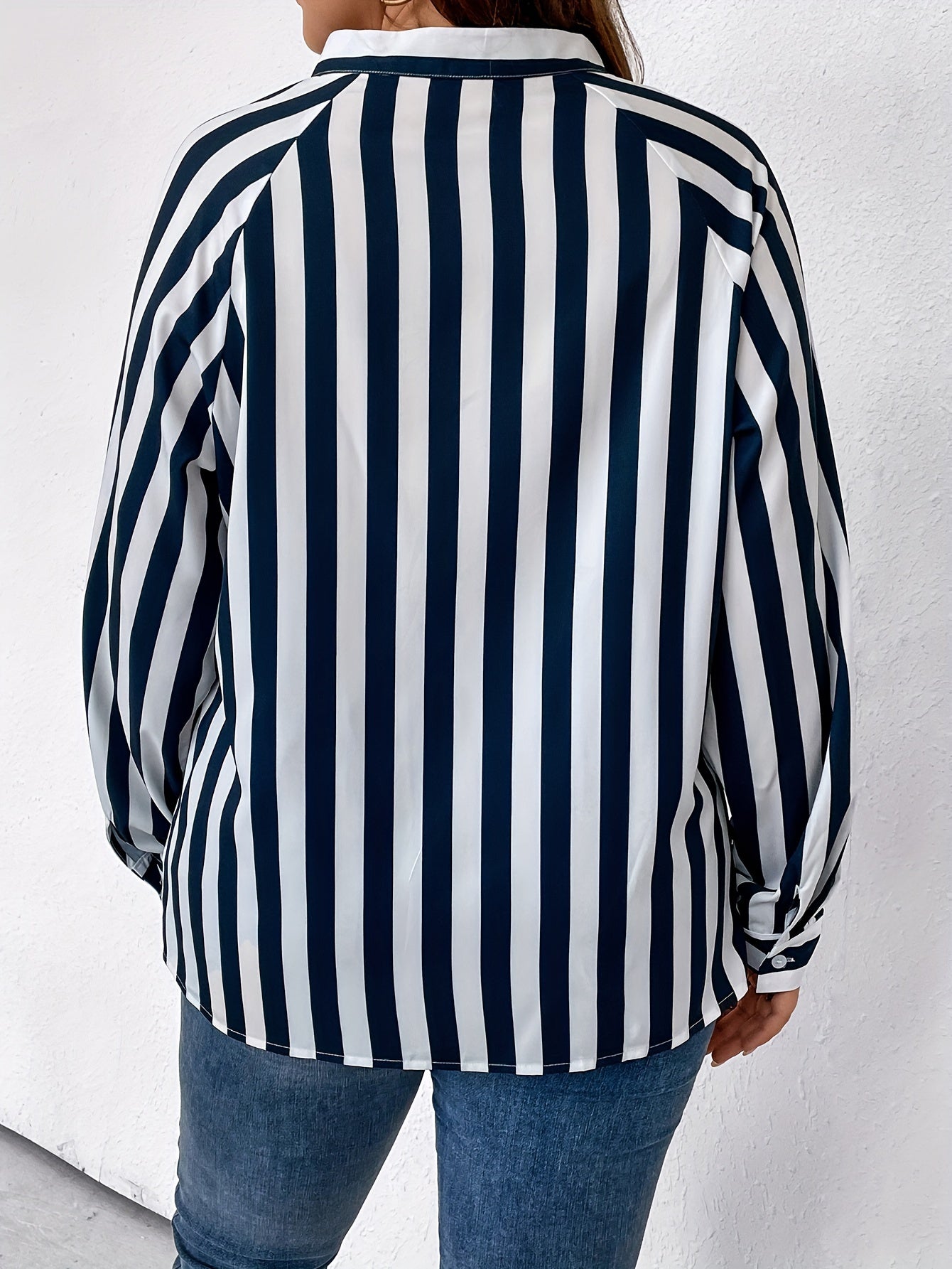 Stripe Print Button Up Lantern Sleeve Shirt Top