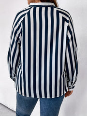 Stripe Print Button Up Lantern Sleeve Shirt Top