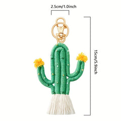 Men's Green Cactus Keychain Boho Handwoven Bag Pendant