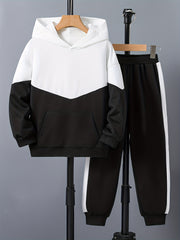Boy's 2pcs Hoodie & Sweatpants Set Block Top Casual Outfits Kids Clothes