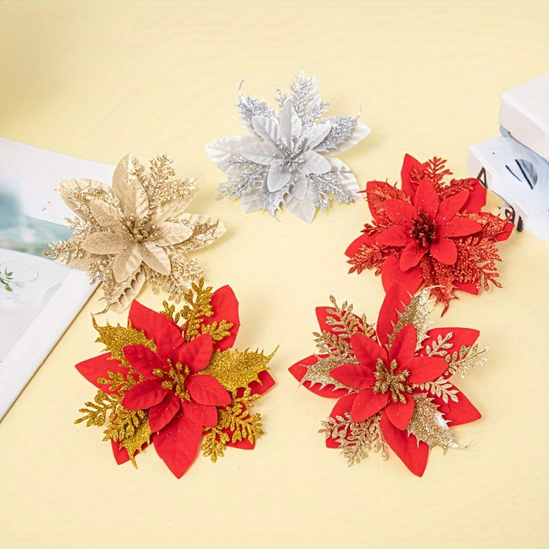 10pcs Christmas Golden Powder Garland Decoration Flowers Christmas Tree Pink
