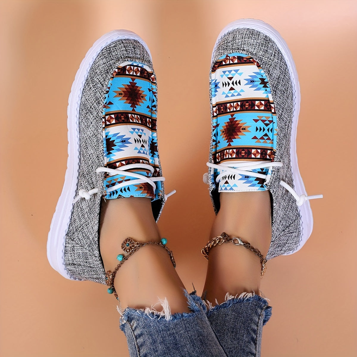 Women's Geometric Pattern Low Top Sneakers Lightweight Casual Shoes