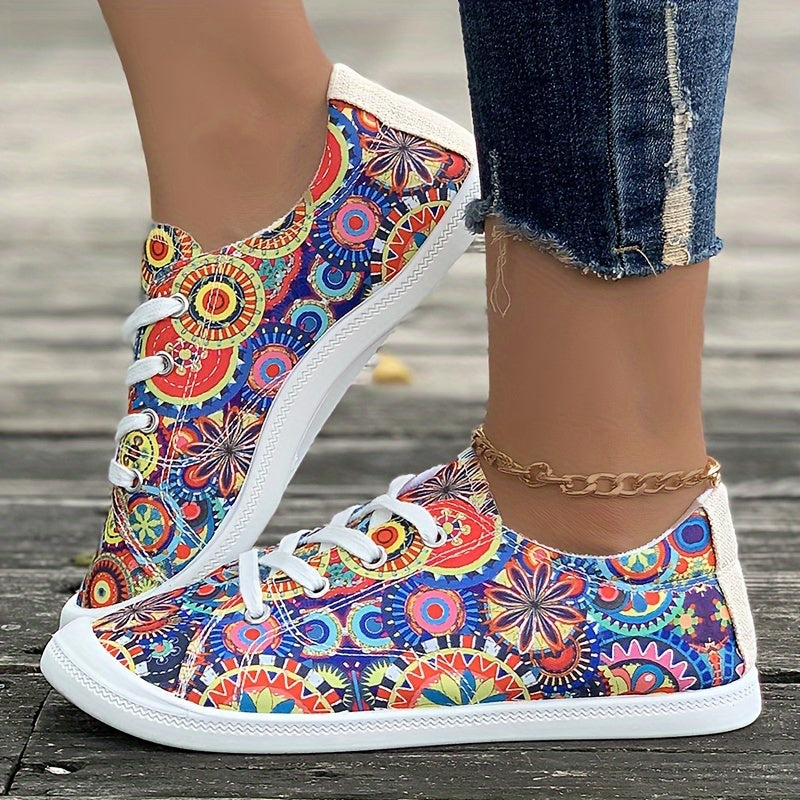 Ethnic Print Canvas Sneakers Lace Up Skate Shoes