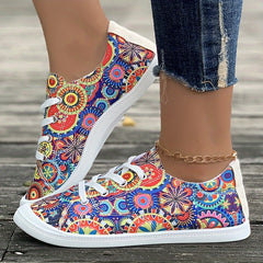 Ethnic Print Canvas Sneakers Lace Up Skate Shoes