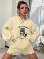 Women's Plus Skull Print Long Sleeve Sweatshirt & Shorts Set