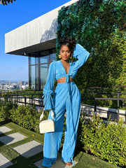 Sexy Long Sleeve Crop Top & Wide Leg Pants Set
