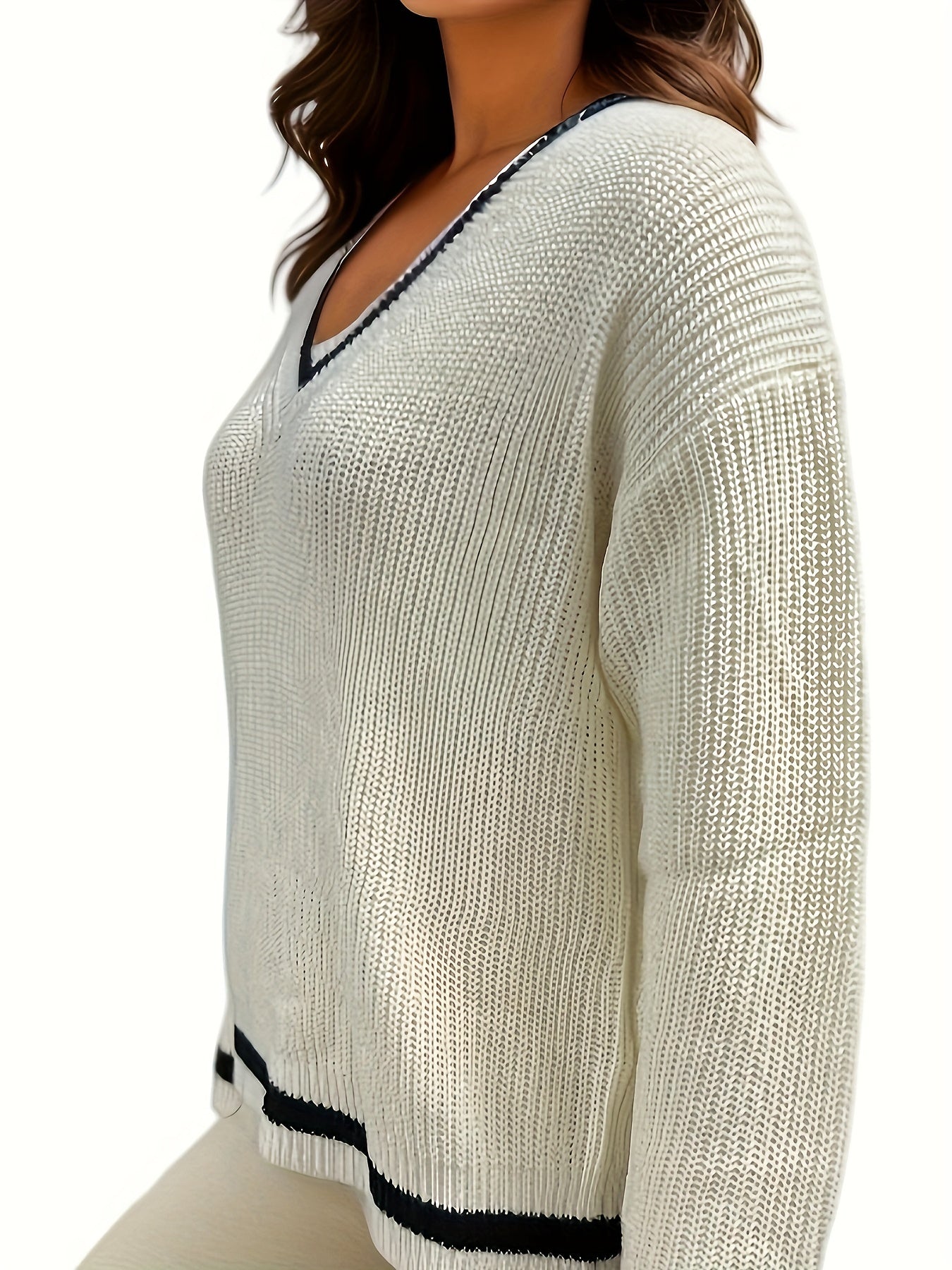 Striped Trim Knit Sweater V Neck Long Sleeve