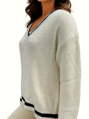 Striped Trim Knit Sweater V Neck Long Sleeve