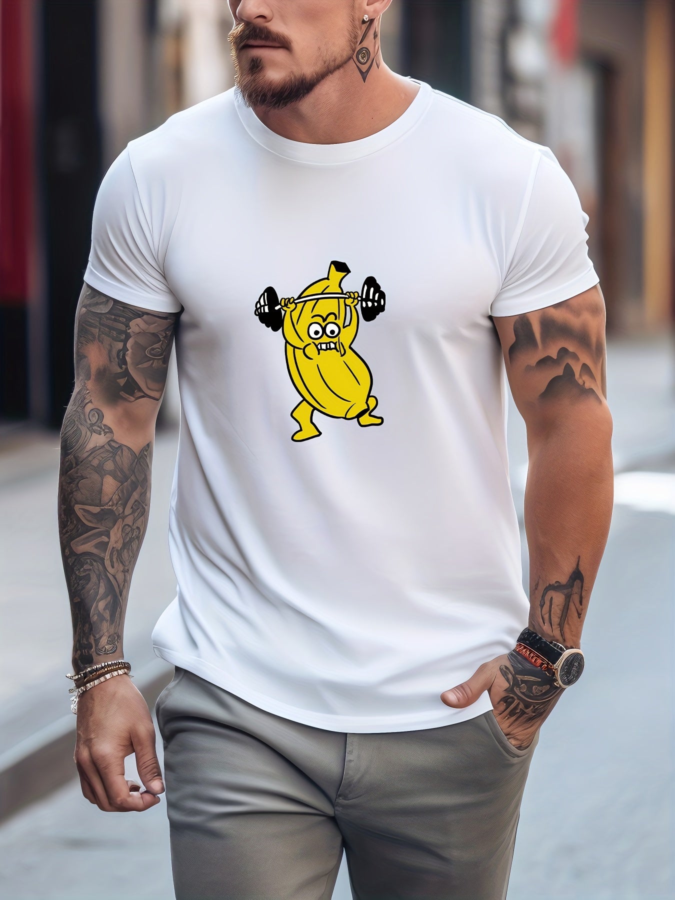 Men's Printed Leisure Sports T-shirt Casual Stretch Round Neck Tee Shirt