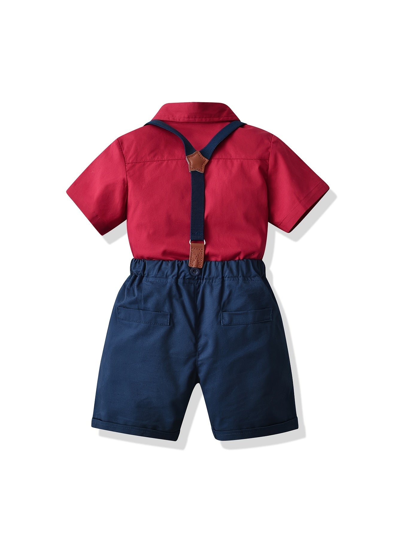 Boys Gentleman Outfit Red Button Bowtie Shirt & Suspender Shorts Set