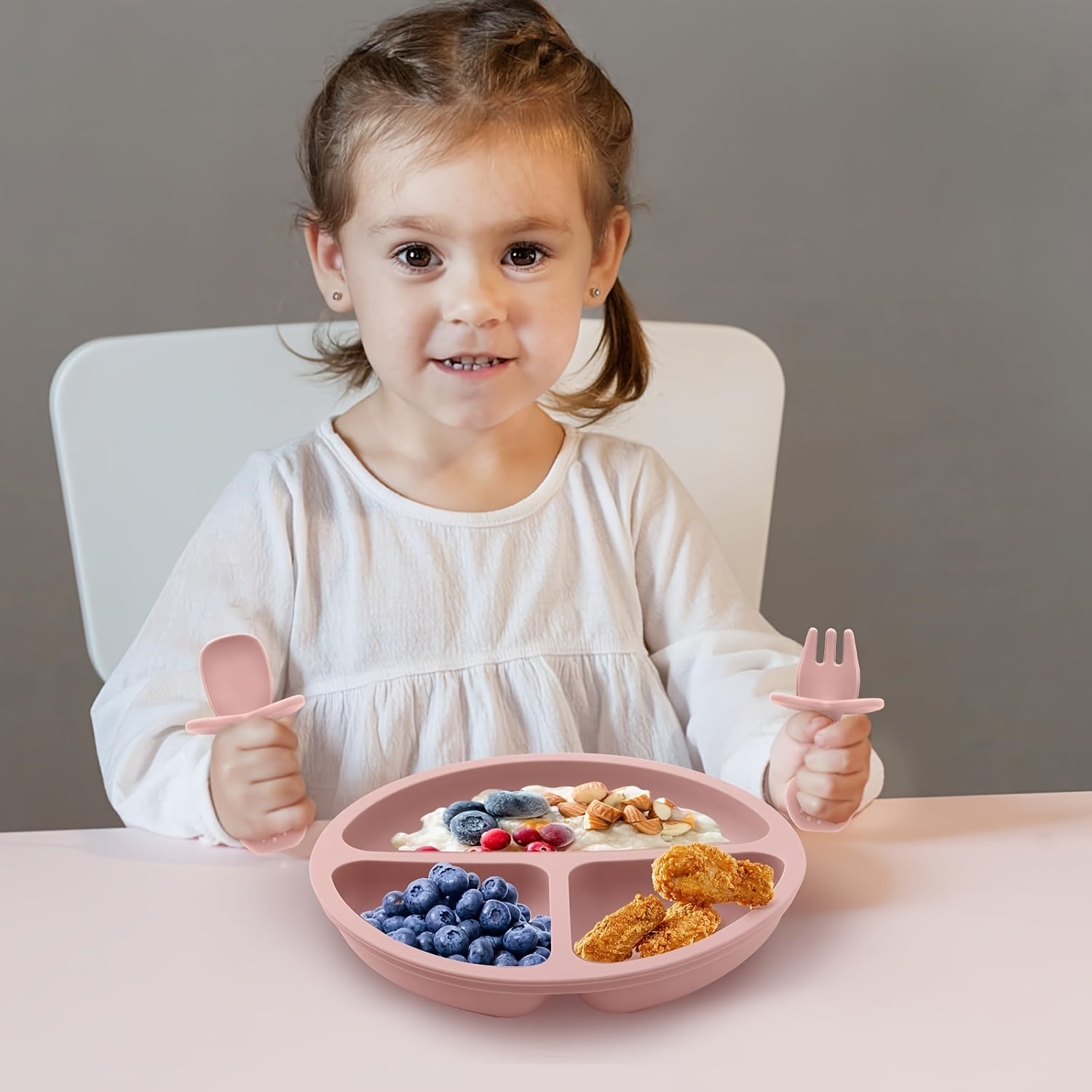 3pcs Silicone Baby Feeding Set Pink Sky Divided Suction Plate Led Weaning Set