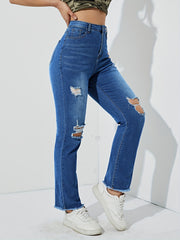 High Rise Ripped Knees Jeans High Waist Distressed Denim