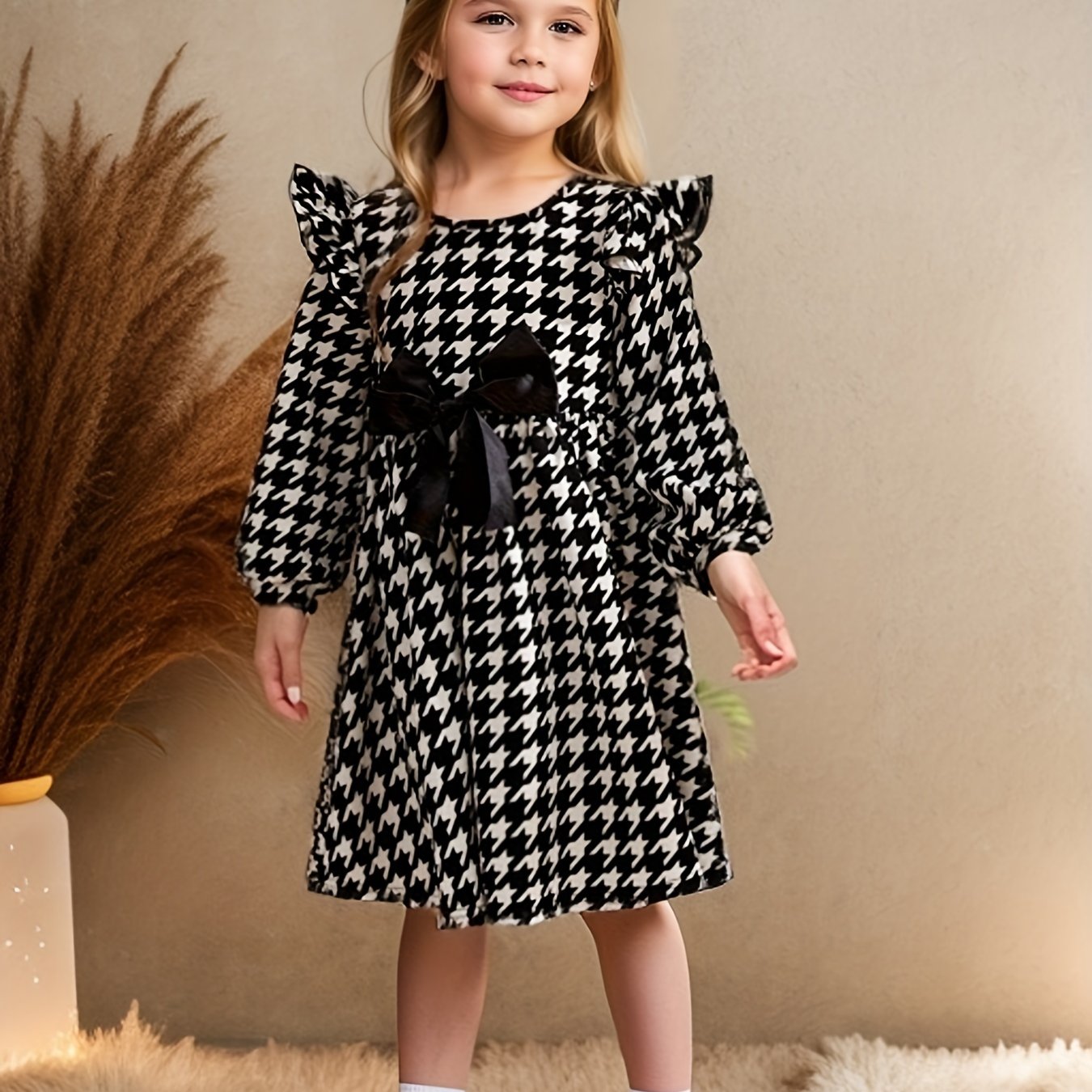 Girl's Houndstooth Bow Midi Dress
