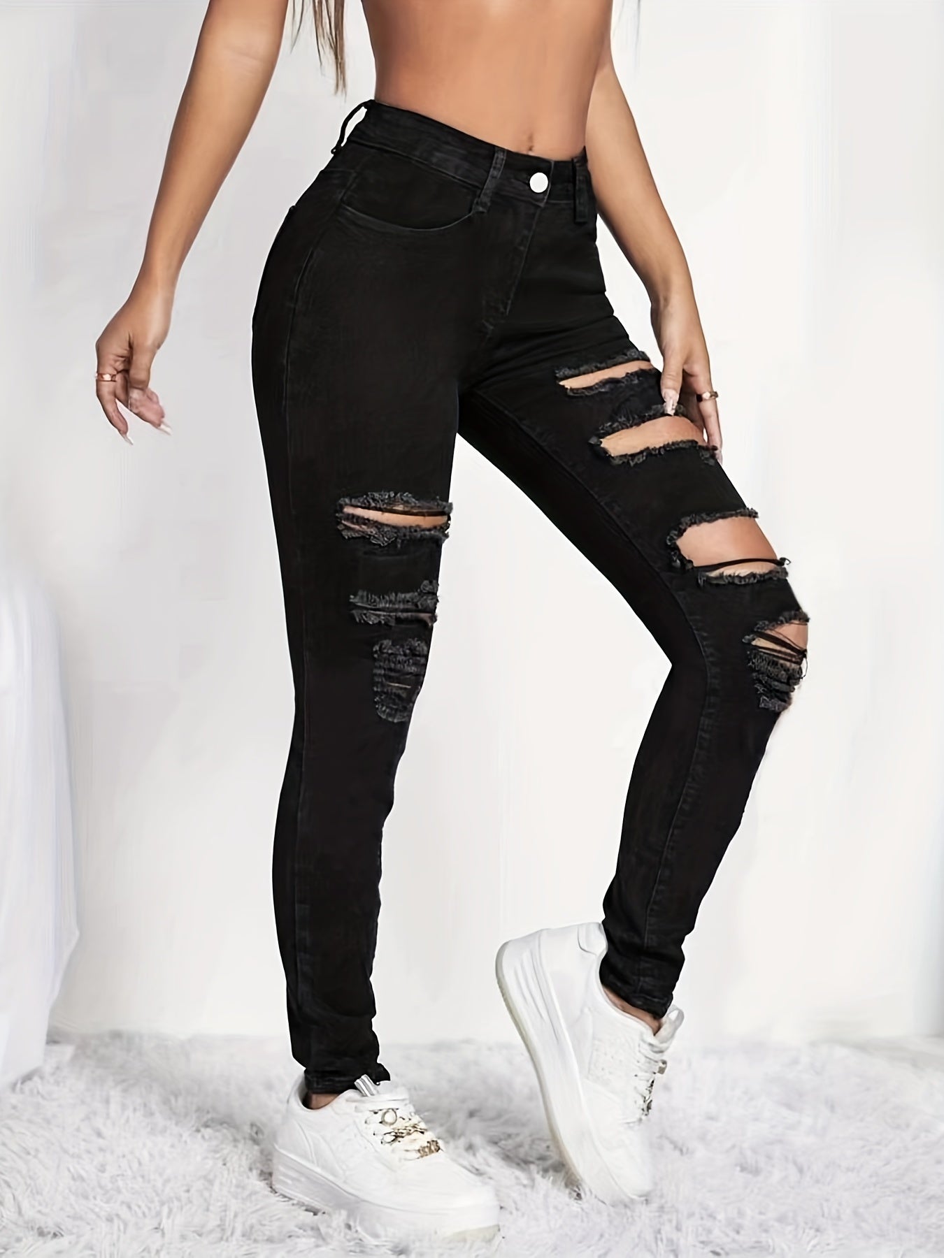 Distressed Slim Fit Skinny Jeans High Stretch Denim Pants