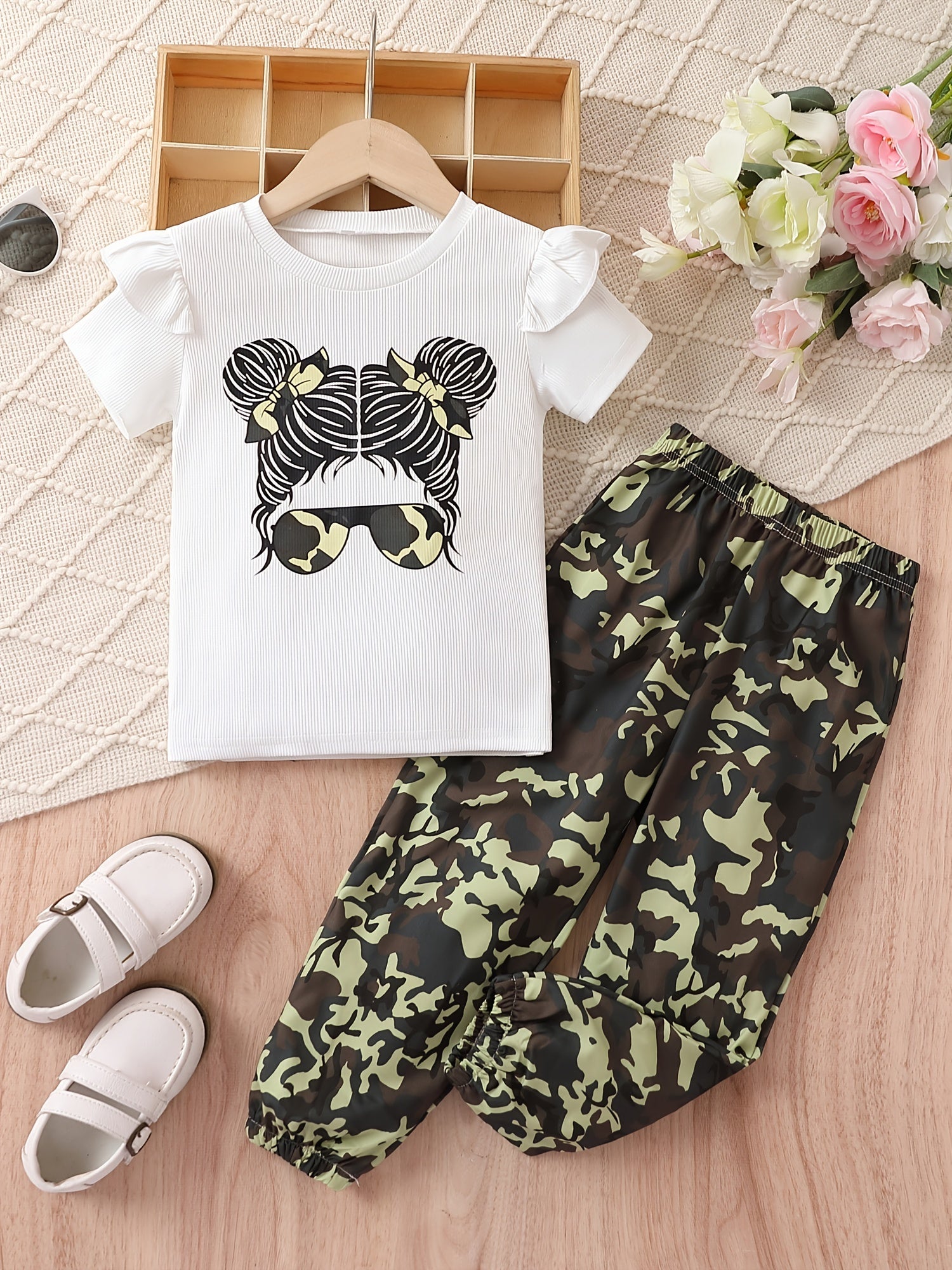 Girl's Sunglasses Print T-shirt & Pants Set for Summer