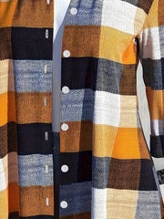 Plus Size Colorblock Grid Print Button Up Roll Sleeve Blouse