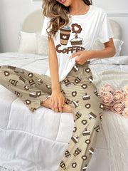 Coffee Print Pajama Set Short Sleeve Top & Pants Women's Sleepwear