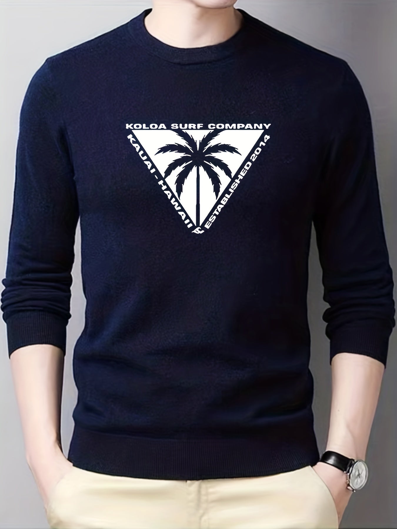 Coconut Palm Print Men's Knitted Sweater Crew Neck Pullover