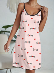 Heart Print Nightdress Crew Neck Spaghetti Strap Sleep Dress Women's Sleepwear