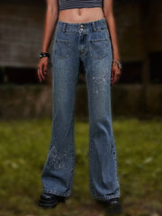 Butterfly Embroidery Flare Leg Jeans Bell Bottoms Denim Pants