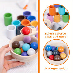 Wooden Rainbow Ball and Cup Sorting Game for Ages 3