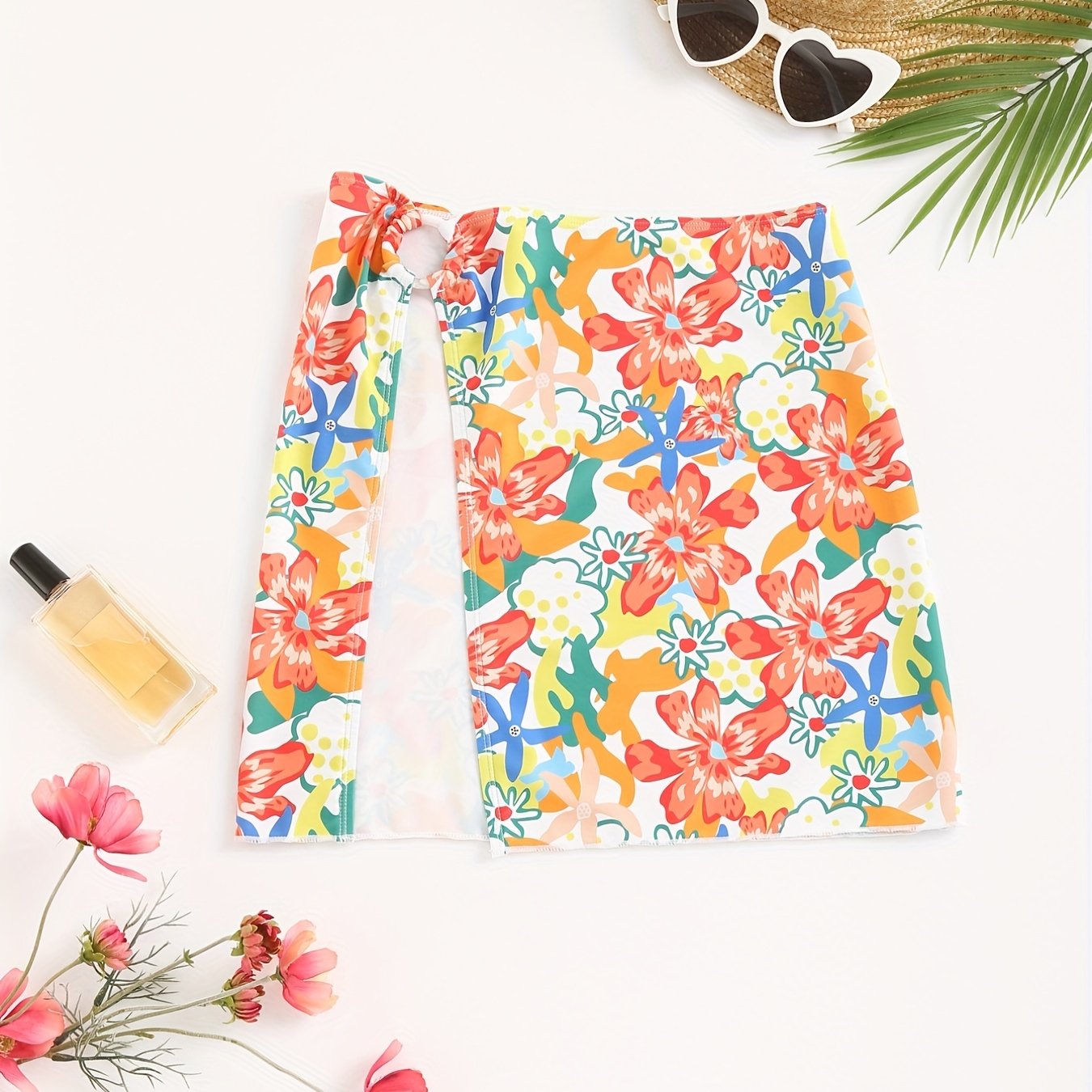 Floral Print Sexy Cover Up Skirt Ring Linked Split Beachwear Cover Up Skirt