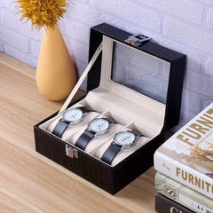 3 Slot PU Leather Watch Box Display with Lock Glass Top Jewelry Storage