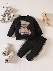 Baby Plaid Bear Embroidery Set Sweatshirt Tops Pants