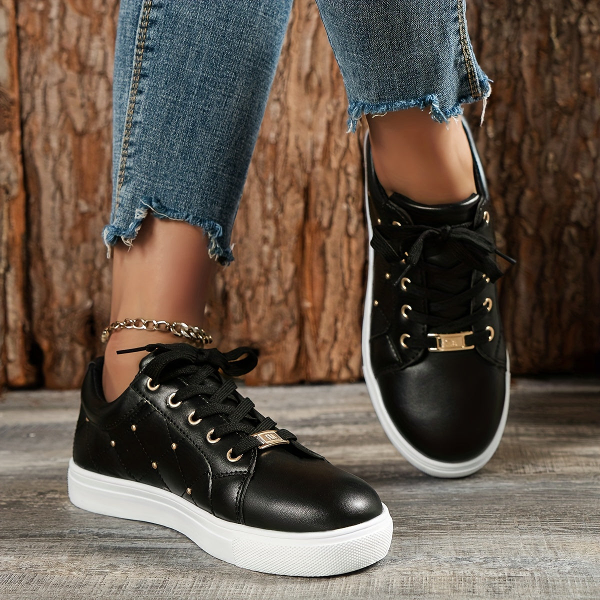 Women's Golden Beads Decor Sneakers Lace Up Outdoor Skate Shoes
