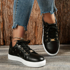 Women's Golden Beads Decor Sneakers Lace Up Outdoor Skate Shoes