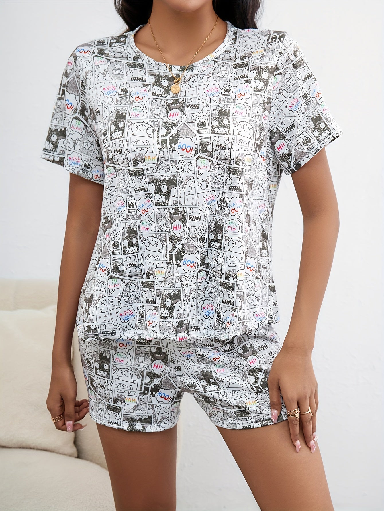 Cartoon Print Pajamas Set Short Sleeve Crew Neck Top & Shorts