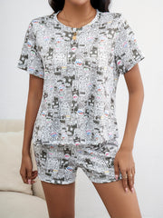 Cartoon Print Pajamas Set Short Sleeve Crew Neck Top & Shorts