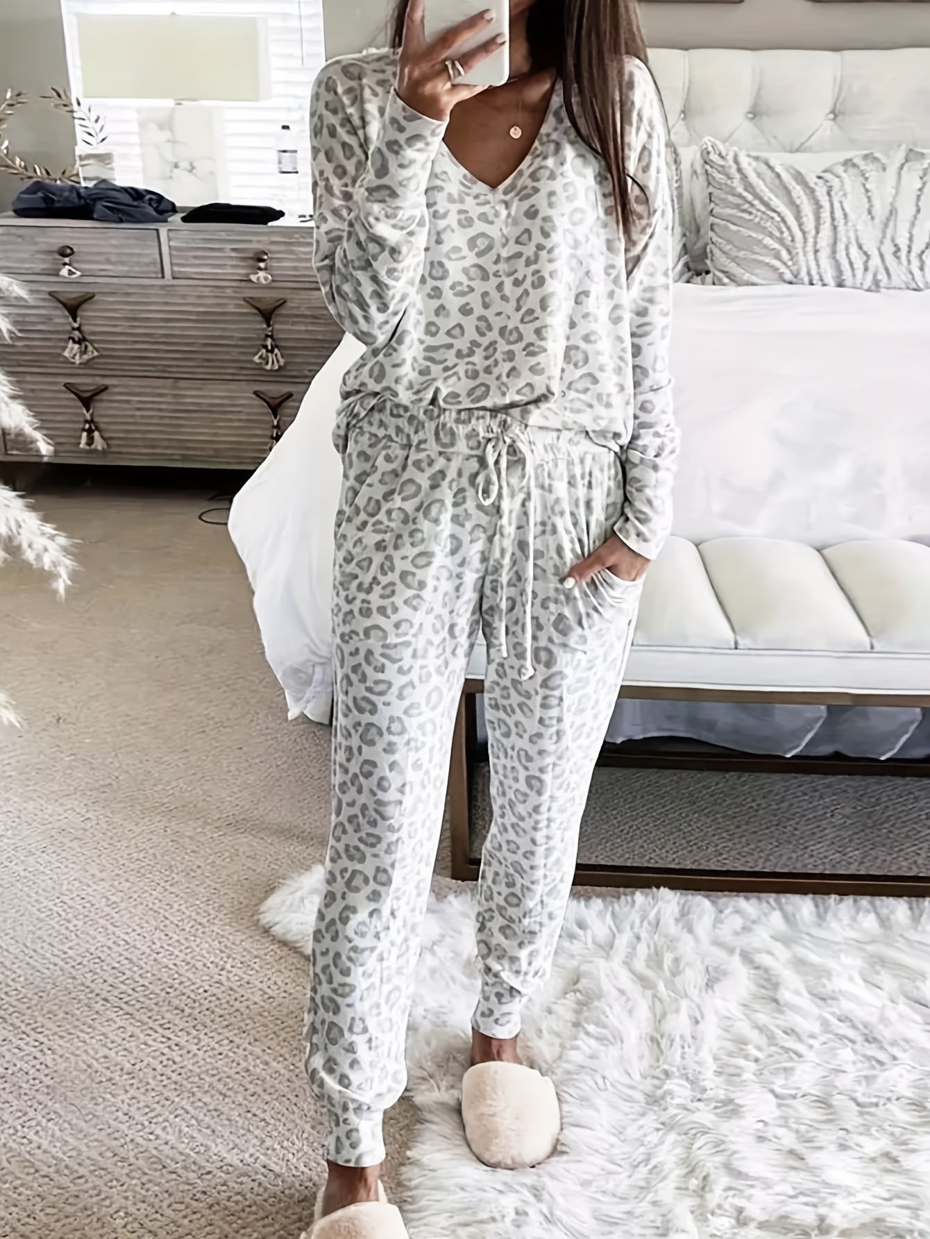 Leopard Print Lounge Set Long Sleeve V Neck Top & Lace Up Pants