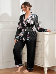 Satin Floral Print Pajama Set Women's Plus Loungewear 2pcs