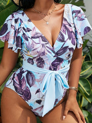 Leaf Print Ruffle Trim One Piece Swimsuit
