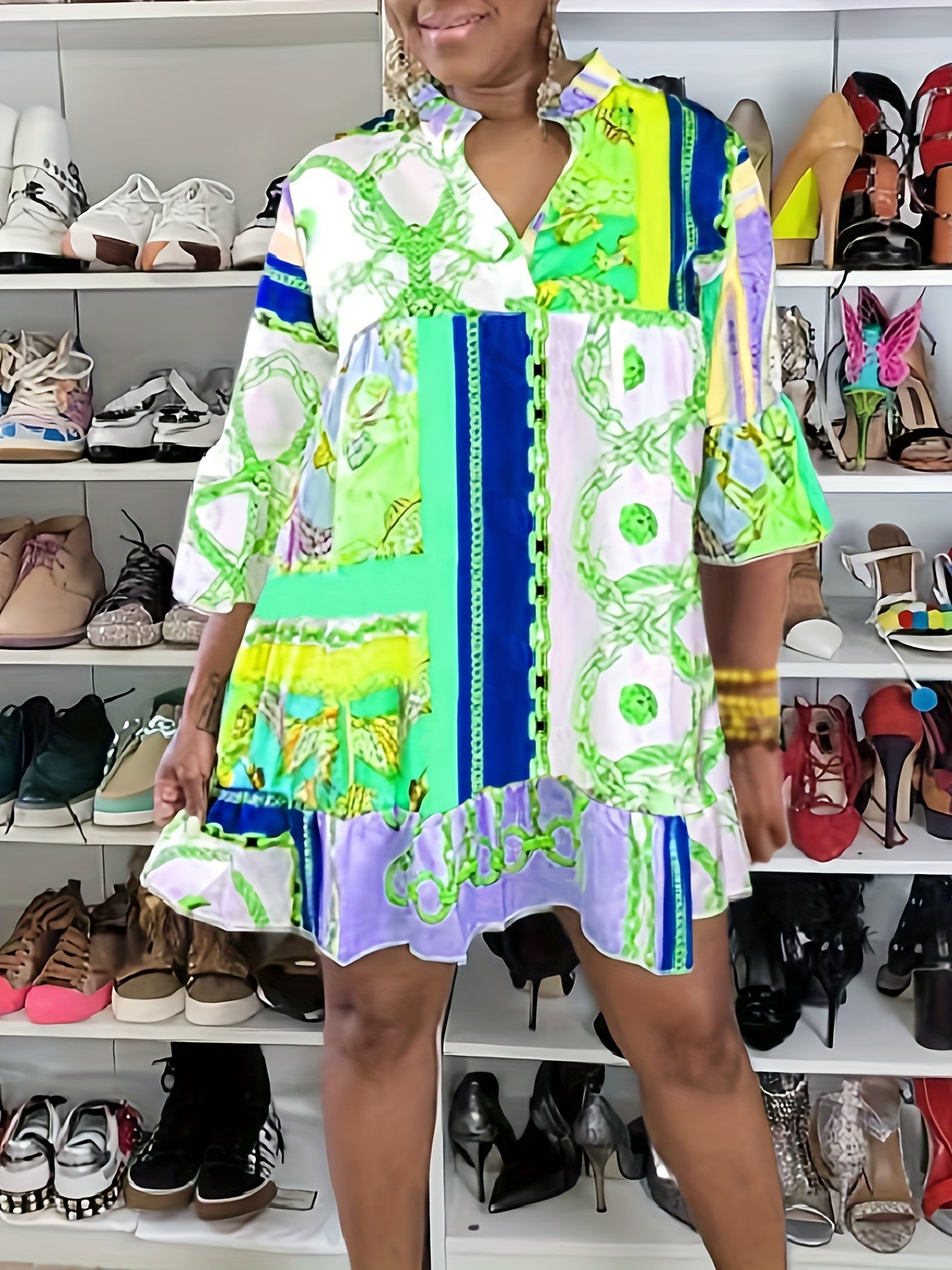 Colorblock Chain Print Ruffle Trim Smock Dress