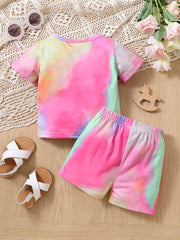 2pc Toddler Girls Tie Dye T-Shirts Heart/Letter Graphic Round Neck Shorts Set