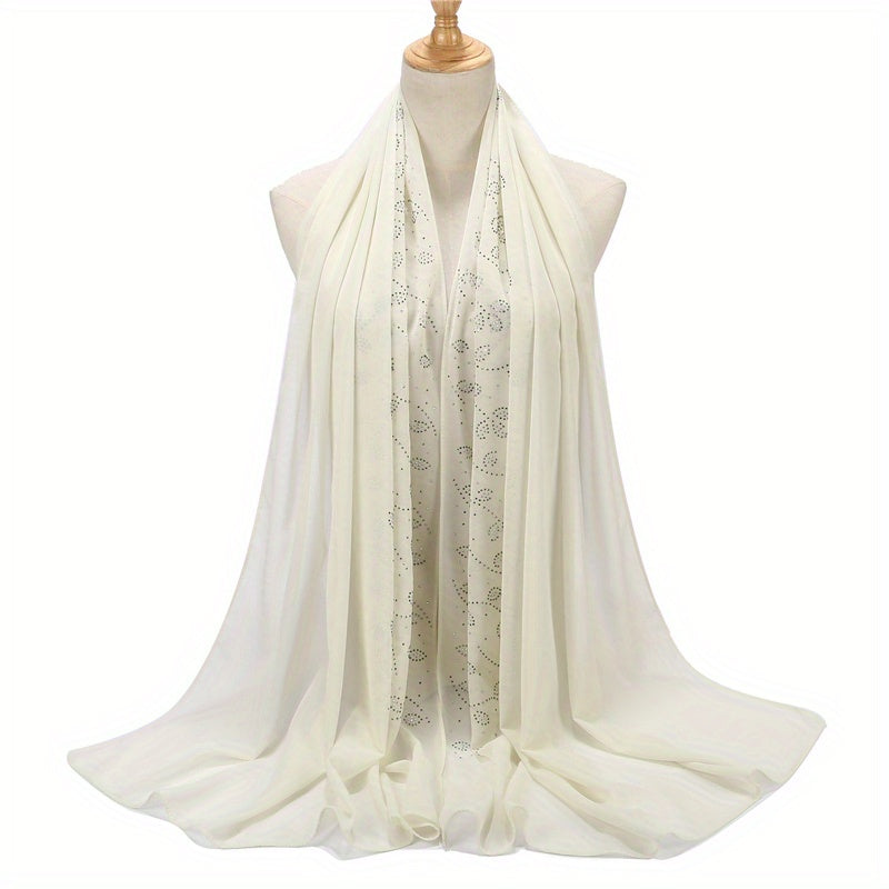 Chiffon Scarf Rhinestone Leaf Decor Hijab Classic Shawl
